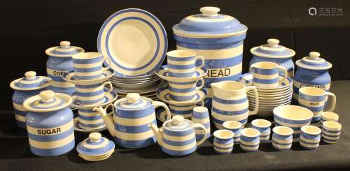 Cornishware blue banded kitchenware, mostly T G Green, comprising coffee jar and cover, tea jar