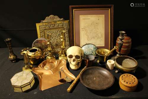 Boxes and Objects - an Art Nouveau copper crumb tray; an Aesthetic Movement brass hinged panel; 19th