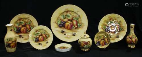 An Aynsley Orchard Gold pattern dinner plate, 27cm diameter, others, two vases, jar and cover,
