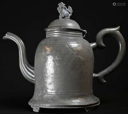 A Chinese paktong bell shaped punch pot, wrigglework engraved with Long Eliza and deer, hinged domed