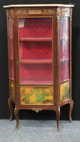 A Louis XV style gilt metal mounted mahogany and Vernis Martin shaped serpentine vitrine, marble top