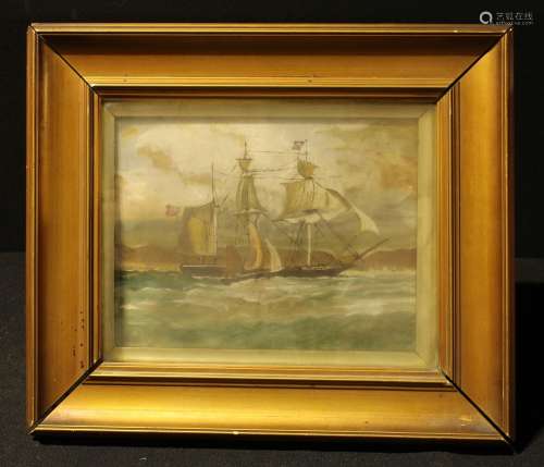 English School, ship at sea with boat, oil on canvas, indistinctly signed, 17cm x 21.5cm