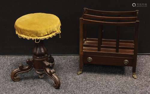 A Victorian rosewood adjustable piano stool, circular padded top, tulip turned support, cabriole and