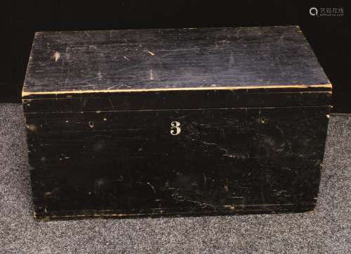A pine tool trunk, hinged top, carrying handles, 80cm wide, 41cm high, 39cm deep