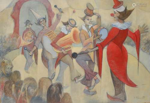 Martin Wieland (contemporary) Clowns signed, dated 78, oil on board, 61cm x 87.5cm, unframed