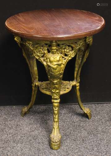 A cast iron and oak 'abolitionist' pub table, circular top, 73cm high, 60cm diameter