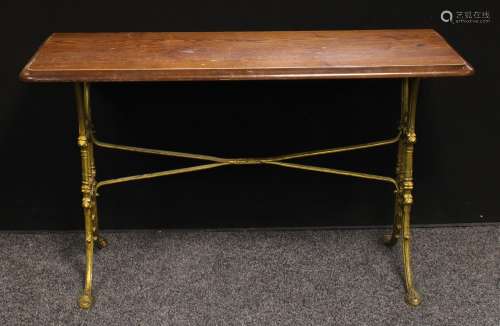 A cast iron and oak 'abolitionist' pub table, rectangular top, 71.5cm high, 122cm wide, 46cm deep