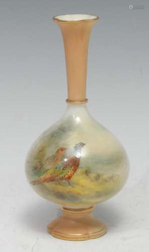 A Royal Worcester vase, painted by James Stinton, signed, with a brace of pheasants, 13.5cm high,