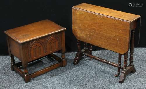 A late Victorian Sutherland table, c.1890; a small carved oak chest (2)