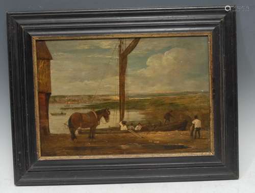 Dutch School (18th century) Cart Horse Waiting on the Harbour oil on panel, 24cm x 35cm