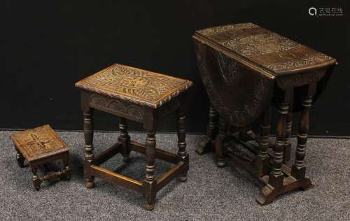 A 17th century style carved oak draw-leaf table, oval top, 65cm high, 97cm high; a 17th century