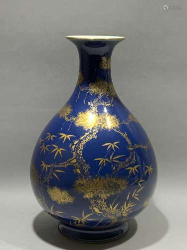 Jade pot spring vase with blue glaze and gold bamboo pattern