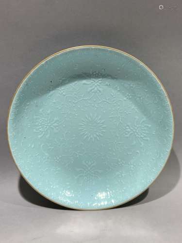 Sky blue glaze dark engraved decorative plate