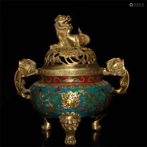 A BRONZE GILT CLOISONNE WIRE INLAY DOUBLE EARS LION INCENSE BURNER