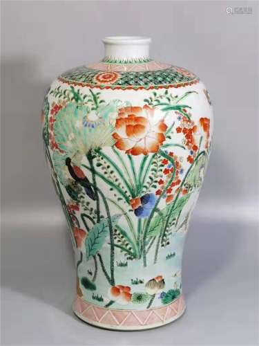 A QING DYNASTY KANGXI COLORFUL BIRDS AND LOTUS PLUM BOTTLE