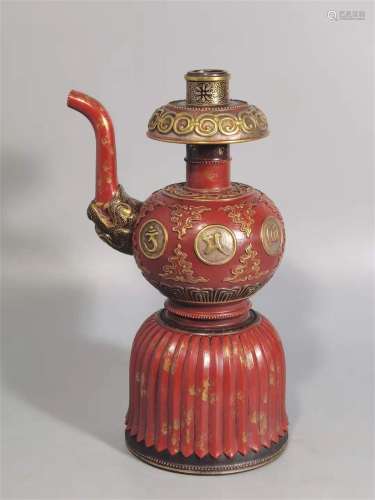 A QING DYNASTY QIANLONG CORAL RED GILT GOLD SILVER WINE POT
