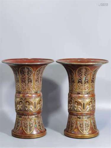 A PAIR OF QING DYNASTY BRONZE COLOR GILT FLOWER BOTTLES