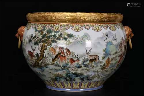 A QING DYNASTY QIANLONG PERIOD ENAMEL CARVING THREE DRAGON DEER PATTERN DOUBLE LOIN EARS JAR