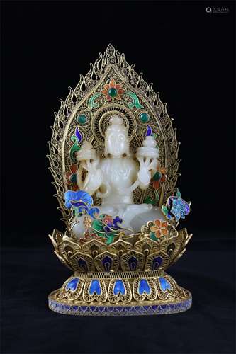 Hetian jade, white jade, copper gilt, silk inlaid with treasure, sitting statue of Avalokitesvara