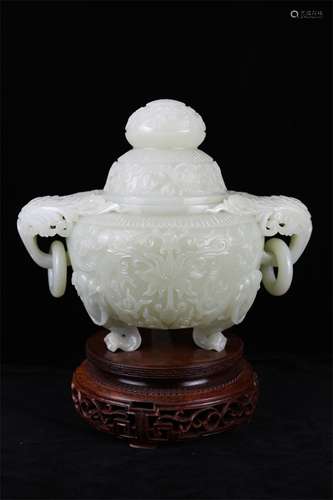 Hetian jade white jade palace carving treasure phase flower double ring ear incense burner