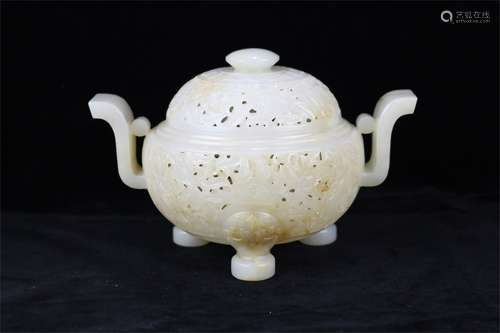 Hetian jade white jade carving flower pattern double ear censer