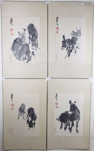 Four Chinese paintings of donkeys