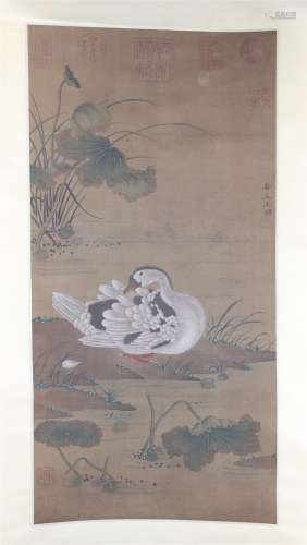 A Chinese painting of duck playing with lotus leaves