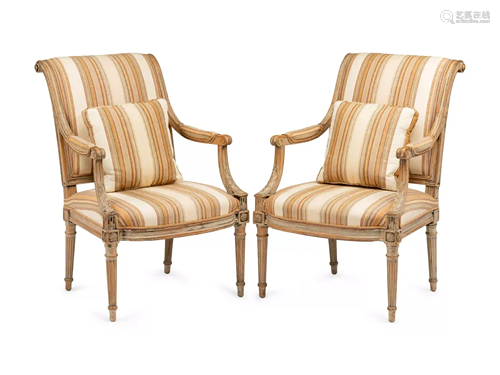 A Pair of Louis XVI Gray-Painted Fauteuils