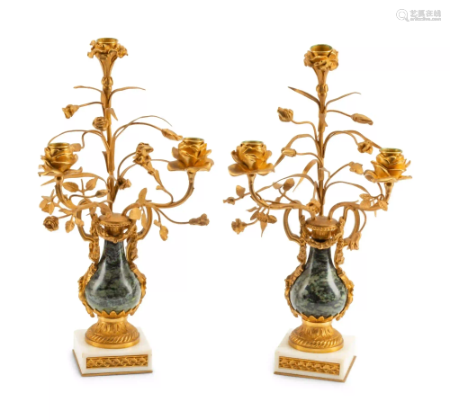 A Pair of French Gilt Bronze and Marble Three-Light