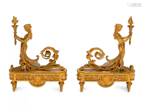 A Pair of Louis XVI Style Gilt Bronze Chenets