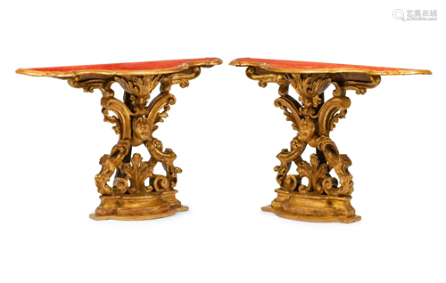 A Pair of Italian Giltwood Console Tables