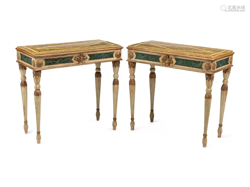 A Pair of Italian Faux Marble Painted Console Tables