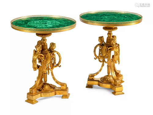 A Pair of Louis XVI Style Gilt Bronze and Malachite