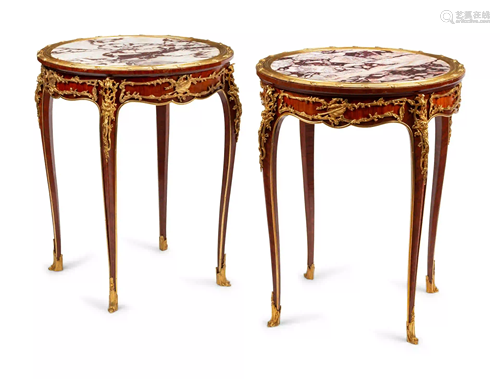 A Pair of Louis XV Style Gilt Bronze Mounted Marble-Top