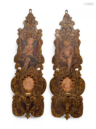 A Pair of Large Italian Tapestry-Inset Painted Wood