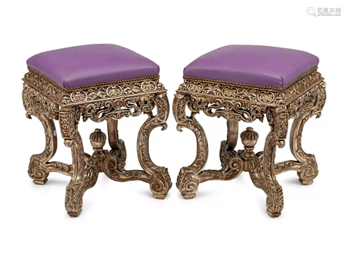 A Pair of Italian Style Silvered Wood Tabourets