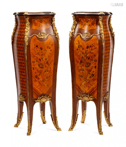 A Pair of Louis XV Style Gilt Metal Mounted Marquetry