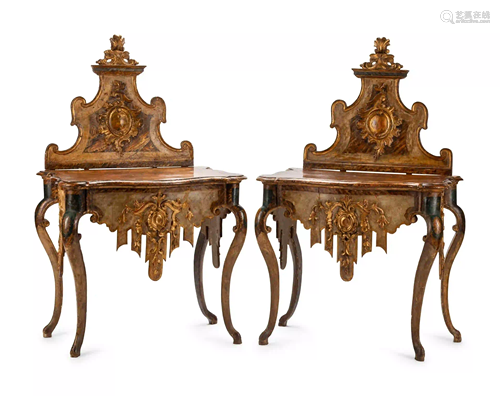 A Pair of Venetian Painted and Parcel Gilt Console