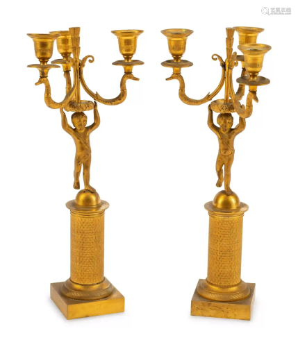 A Pair of Empire Style Gilt Bronze Figural Three-Light