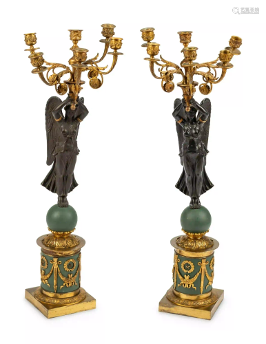 A Pair of Empire Style Gilt and Patinated Bronze and