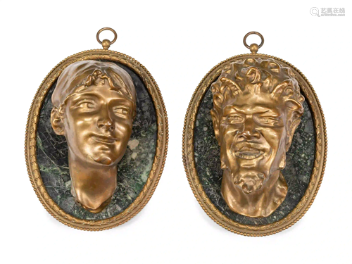 A Pair of French Gilt Bronze and Marble Relief Plaques