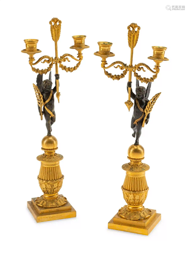 A Pair of Empire Style Gilt and Patinated Bronze