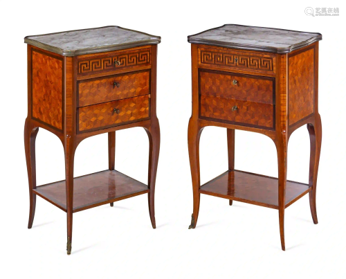 A Pair of Louis XV Style Parquetry Marble-Top Side