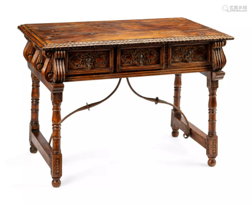A Spanish Baroque Style Iron Mounted Trestle Table