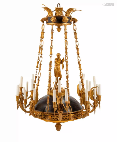 An Empire Style Gilt Bronze and Tole Figural Chandelier