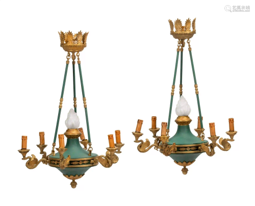 A Pair of Empire Style Seven-Light Chandeliers