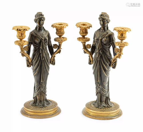 A Pair of Empire Style Gilt and Patinated Bronze