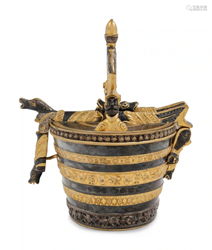 A Continental Gilt and Patinated Bronze Pail-Form Box