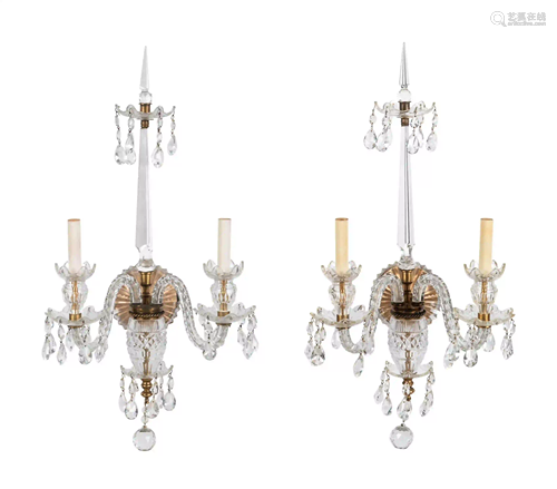 A Pair of Continental Cased and Cut Glass Two Light