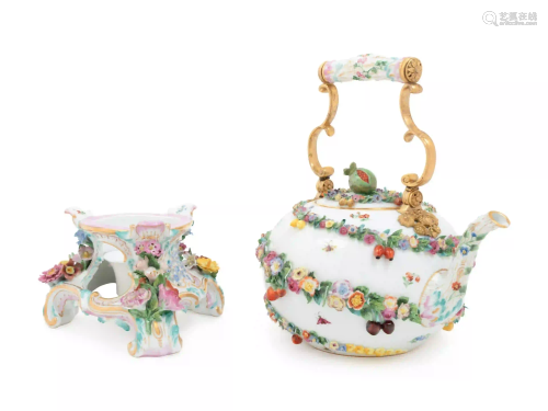 A Meissen Porcelain Tea Kettle on Stand